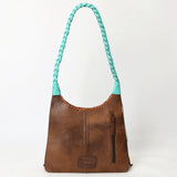 ADBG1594 Western Fringe Leather Hobo Bag - Turquoise, Brown & White Patch Fringe Purse
