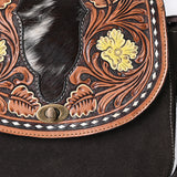 ADBGA660 Western Cowhide & Tooled Leather Suede Crossbody Bag with Floral Accents-Dark Brown