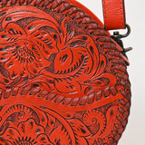 ADBG1461 Round Natural Hand-Tooled Leather Canteen Bag - Floral Whipstitch Western Style