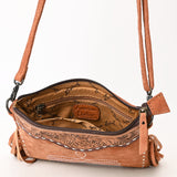ADBG1648 Brown Suede Fringe Crossbody Bag with Tooled Leather Yoke & White Embroidery