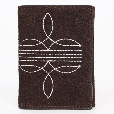 ADBGZ920 Genuine suede Leather Trifold Wallet with White Western Stitch Embroidery