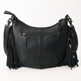 ADBG1686 Black Quilted Leather Fringe Crossbody Bag with Tooled Floral Yoke - American Darling