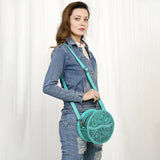 ADBG1461 Round Natural Hand-Tooled Leather Canteen Bag - Floral Whipstitch Western Style