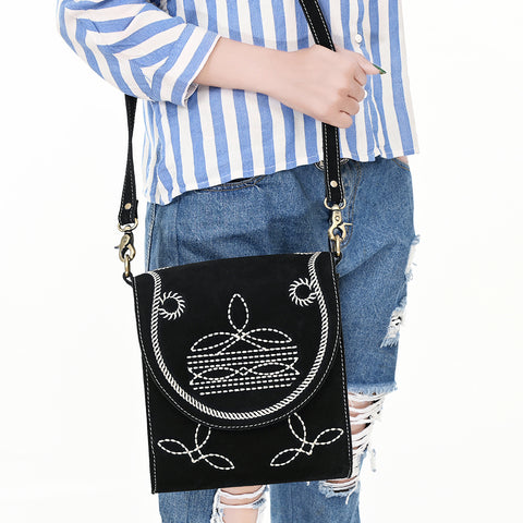 American Darling Boot Stitched Suede Genuine Leather Cross body Bag
