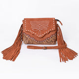 ADBG1657 Tan Suede Crossbody Bag with Scalloped Flap, Tooled Leather & Fringe