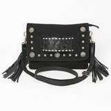 ADBGA906 Black Suede Crossbody Bag – Tooled Leather Inlay with Fringe & Concho Studs