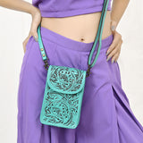 ADBG1448 Hand Tooled Leather Phone Crossbody Bag - Western Floral Vertical Pouch