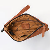 ADBG1652 Tan Suede Wristlet Pouch with White Embroidery & Zip Closure