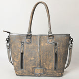 ADBG1246 Hand-Tooled Metallic Silver Leather Tote Bag - Western Floral Design with Dual Handles