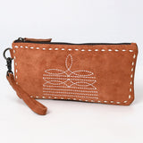 ADBG1652 Tan Suede Wristlet Pouch with White Embroidery & Zip Closure