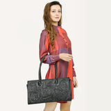 ADBGZ833A Black Hand-Tooled Leather Western Tote bag Braided Handles & Floral Carving