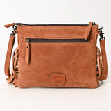 ADBG1648 Brown Suede Fringe Crossbody Bag with Tooled Leather Yoke & White Embroidery
