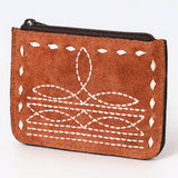 ADBG1655 Tan Suede Card Holder with White Embroidery & Zip Closure