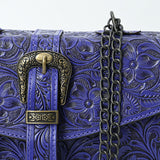 ADBG1535 Western Hand-Tooled Leather Crossbody Bag with Buckle Strap & Chain - Floral Tooled Design