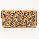 ADBGZ810 Hand-Tooled Leather Wallet - Western Floral Zip Wallet with Inlay