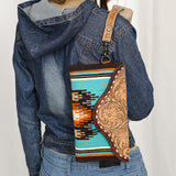 ADBG1477 Hand Tooled Leather & Saddle Blanket Wristlet - Western Clutch by American Darling
