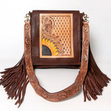 LC-ADBGA158 Sunflower Tooled Leather Crossbody Bag with Quilted Panel & Fringe Brown Western Shoulder Purse