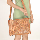 ADBG1235 Hand-Tooled Leather Crossbody Bag - Western Floral Design with Fringe