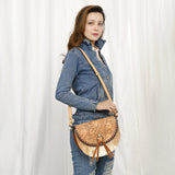 ADBG1529 Round Tooled Leather Saddle Bag - Floral Cowhide Crossbody with Ring-Tie Closure