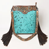 ADBG1493 Turquoise Hair-On Cowhide Western Crossbody Bag with Tooled Leather & Fringe - American Darling