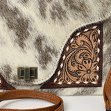 ADBG1497 Hair-On Cowhide & Tooled Leather Crossbody Clutch - Western Turn-Lock Flap
