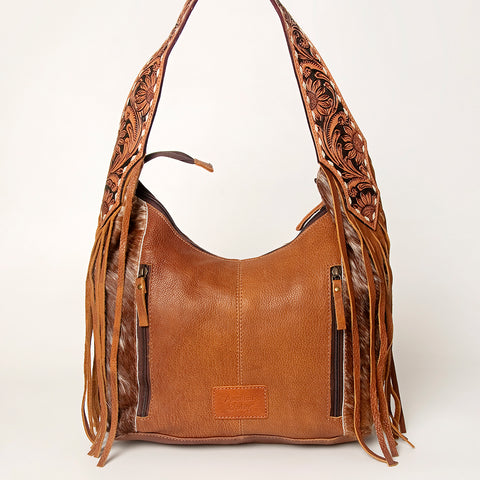 ADBGI112 Sage Western Hobo Bag - Genuine Leather with Tan Hair-On Hide & Tooled Strap