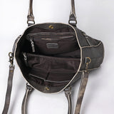 ADBGM127E Distressed Grey Leather Tote Bag - Western Whipstitch Handbag with Crossbody Strap