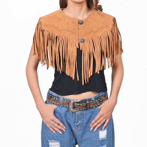ADDR025-S American Darling Western Suede Leather Fringe Capelet Vest with Concho Buttons