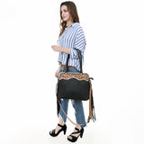 ADBG1500 Black Leather Tote with Tooled Yoke & Fringe - Western Structured Handbag