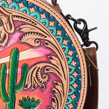 LC-ADBG1192 Round Western Leather Crossbody Bag - Painted Desert Sunrise & Cactus Tooled Scene