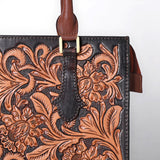 ADBGA642 Hand-Tooled Leather Tall Tote Bag with Floral Carving & Rolled Handles