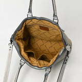 ADBG1246 Hand-Tooled Metallic Silver Leather Tote Bag - Western Floral Design with Dual Handles