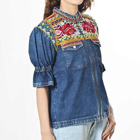 ADJKT091 American Darling Embroidered Denim Fabric Short Sleeve Zip Up Apparel Jacket