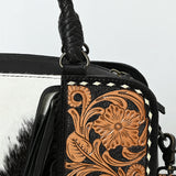 ADBG1551 Black & White Hair-On Hide Tooled Leather Fringe Handbag