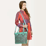 ADBGZ783 Hand-Tooled Turquoise Leather Tote Bag - Western Floral Design with Detachable Strap