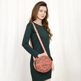 ADBG1461 Round Natural Hand-Tooled Leather Canteen Bag - Floral Whipstitch Western Style