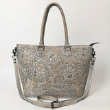 ADBG1246 Hand-Tooled Metallic Silver Leather Tote Bag - Western Floral Design with Dual Handles