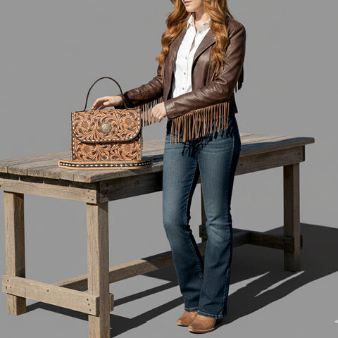 ADBGA822 American Darling Hand Tooled Genuine Leather Messenger Bag Buck Stitched
