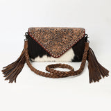 ADBG1582 Cowhide & Tooled Leather Envelope Clutch - Western Crossbody with Braided Strap & Fringe