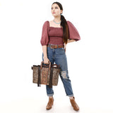 ADBG1298 Cowhide Leather Tote Bag - Tooled Floral Center, Fringe Sides & Structured Handles
