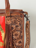 LC-ADBG230 Hand Tooled Leather Tote Bag with Hair-On Cowhide & Hand-Painted Floral Design