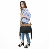 ADBG1500 Black Leather Tote with Tooled Yoke & Fringe - Western Structured Handbag