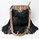 ADBG1580 Black Leather Fringe Crossbody Bag - Hand-Tooled Tan Strap & Yoke | Western Crossbody