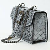 ADBG1535 Western Hand-Tooled Leather Crossbody Bag with Buckle Strap & Chain - Floral Tooled Design