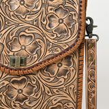 ADBG1505 Natural Hand-Tooled Leather Crossbody Bag - Full Floral Carving & Whipstitch Trim
