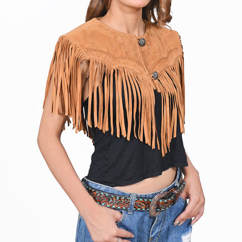 ADDR025-L American Darling Western Suede Leather Fringe Capelet Vest with Concho Buttons