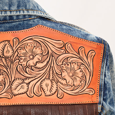 ADJKT005 American Darling Boho Denim Harness Jacket Floral Tooled Fringe