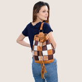 ADBG1324 Western Patchwork Leather & Cowhide Drawstring Backpack with Tooled Accent