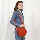ADBG1461 Round Natural Hand-Tooled Leather Canteen Bag - Floral Whipstitch Western Style