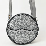ADBG1461 Round Natural Hand-Tooled Leather Canteen Bag - Floral Whipstitch Western Style
